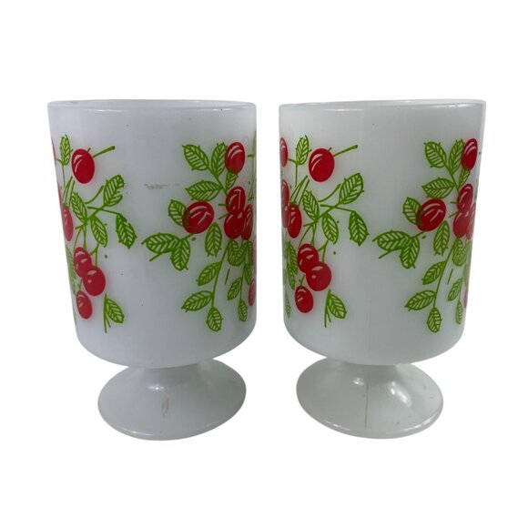 Vintage MCM Milk Glass Pedestal Mugs With Cherry Design Set Of 2 - Picture 4 of 12